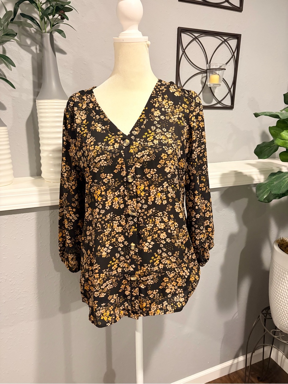Maurices Black Floral Button-Front V-Neck Blouse with Yellow and Tan Blossoms